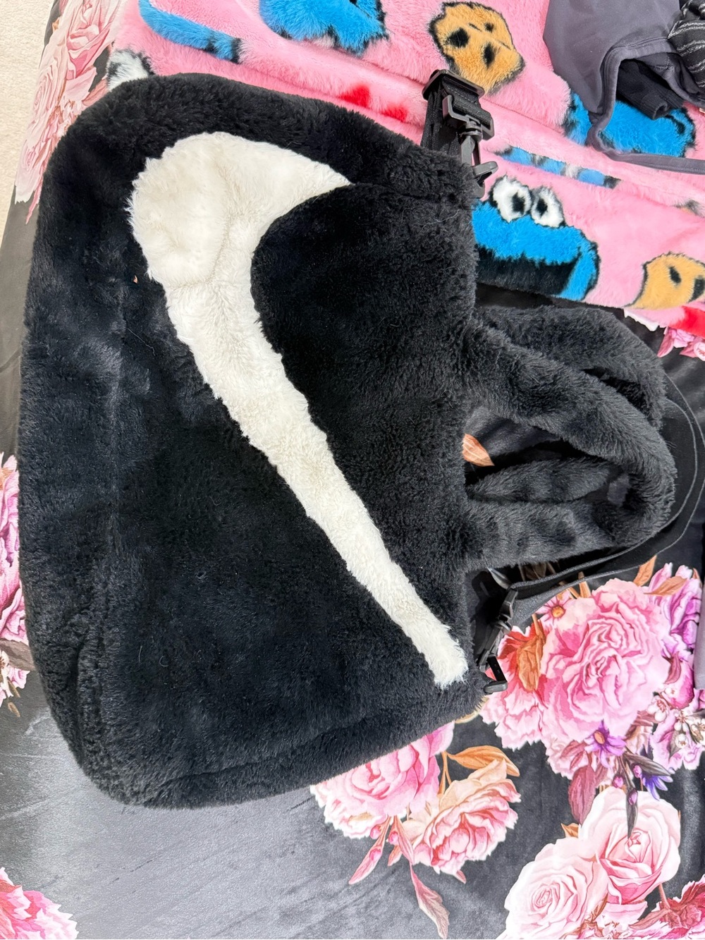 Nike Black Faux Fur Crossbody Bag with White Swoosh